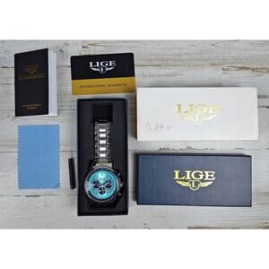 LIGE Men's Chronograph Silver Watch Cyan Blue Refractor Face & Moon Phase